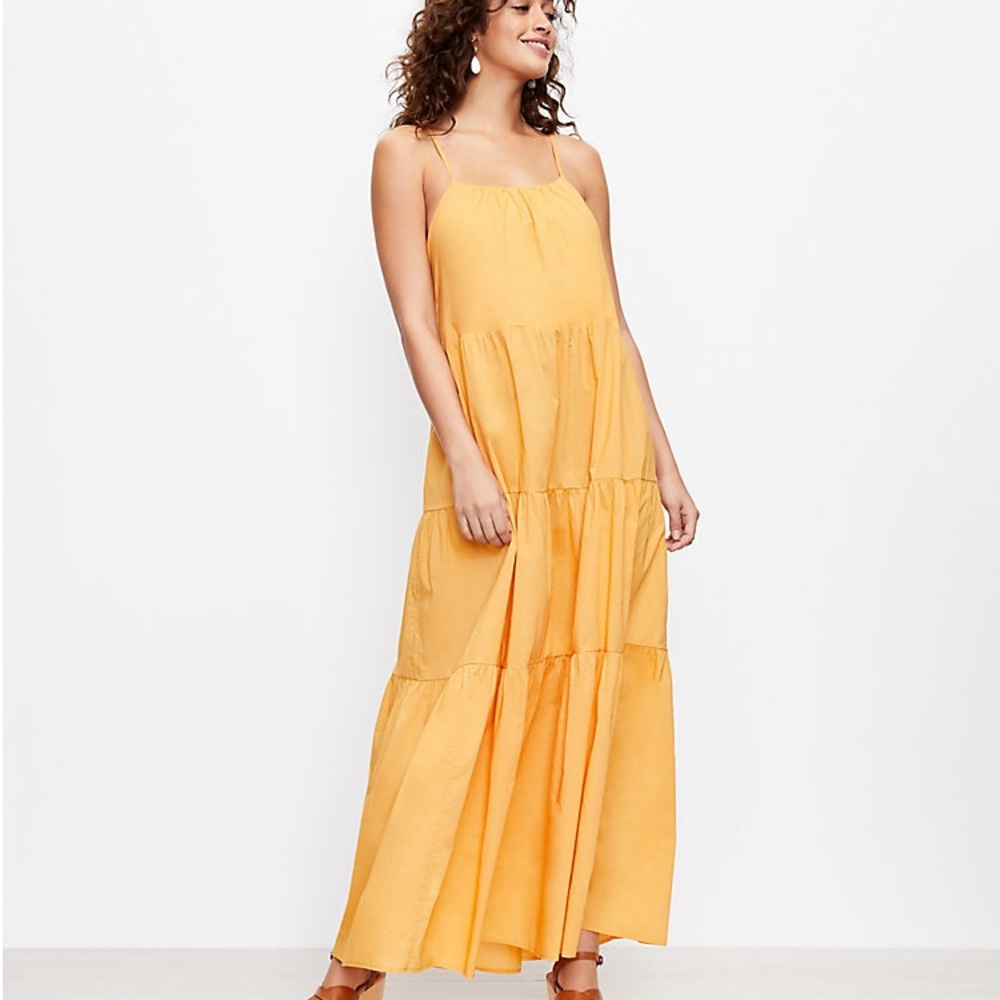LOFT Beach NWT Size Large Marigold Yellow Open Tie Back Tiered Maxi Dress 3201